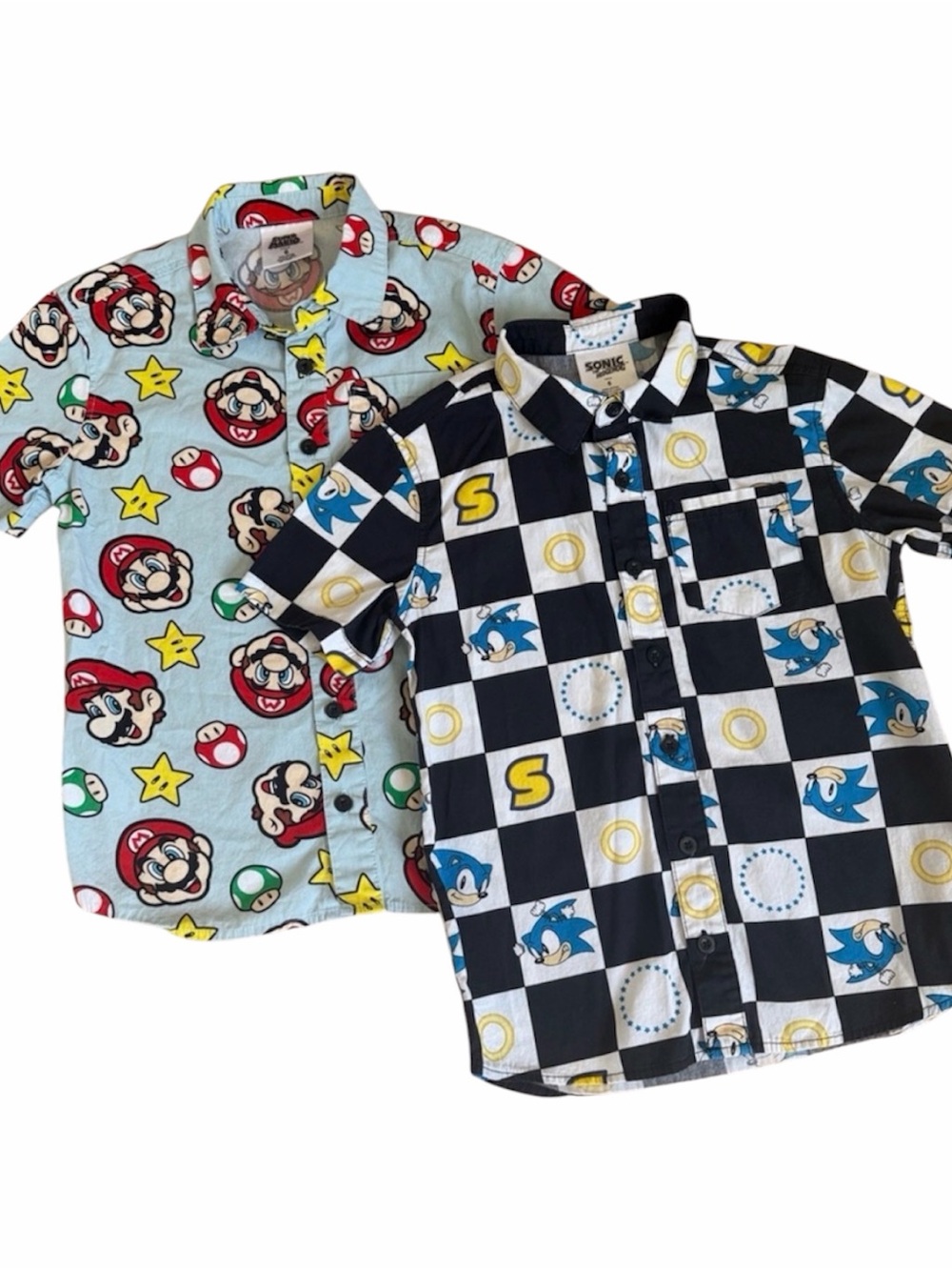 Checkerboard Sonic Short Sleeve Shirt and Mario short sleeve Boys size 6